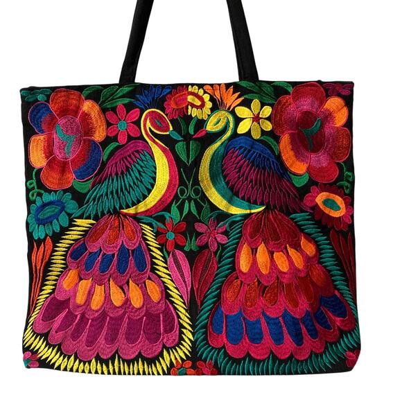 Handbags - Embroidered Peacock Corduroy Canvas Tote Bag Black Pink Multicolor Artsy Coastal